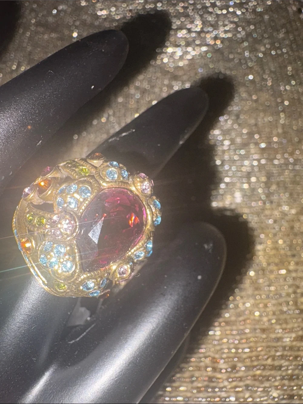 Heidi Daus Gold-Tone Pink Teardrop & Blue Crystal Cocktail Ring